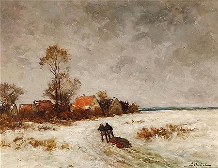 Winterlandschaft m. Waldarbeitern, die eine Fuhre Holz ins Dorf ziehen