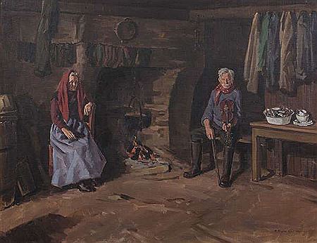 Cottage Interior with Fiddler and Old Woman by the Fire by Robert Taylor Carson - Auction record, sale price, and art valuation. Compare with similar artists and explore comparable artworks.