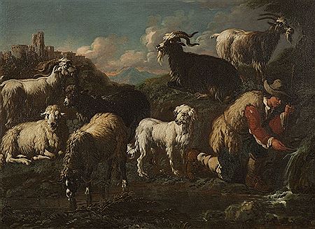 A Shepherdess with her Flock Beside a Ruined Arch; A Goatherd with his Flock Beside a Spring
