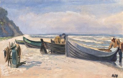Boote und Fischer am Strand