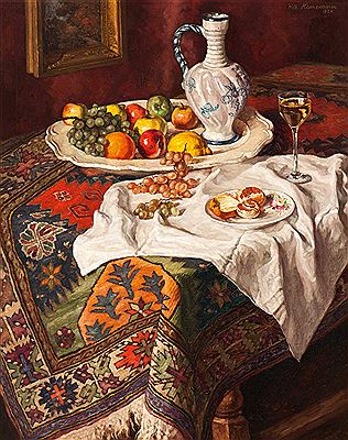 Still life with various fruits, a pottery can, a wine glass and an oriental carpet, arranged on a table by Wilhelm Hanemann - Auction record, sale price, and art valuation. Compare with similar artists and explore comparable artworks.