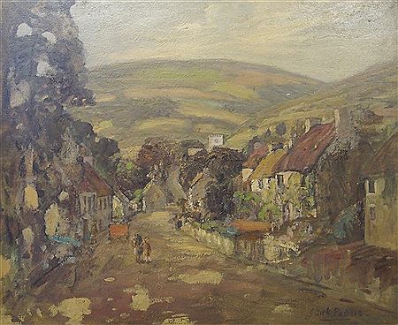 A COUNTRY VILLAGE STREET SCENE AND VIEW TO THE HILLS