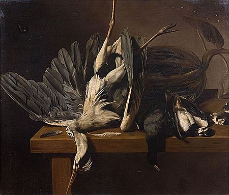 Nature morte au héron cendré, grèbe, poule d'eau et geai des chênes sur un entablement