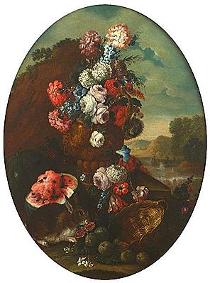 Vase de fleurs et corbeille de figues, pastèque et lapin, sur fond de paysage à la rivière / Vase of flowers and overturned urn with apples, pears and parrot (2)