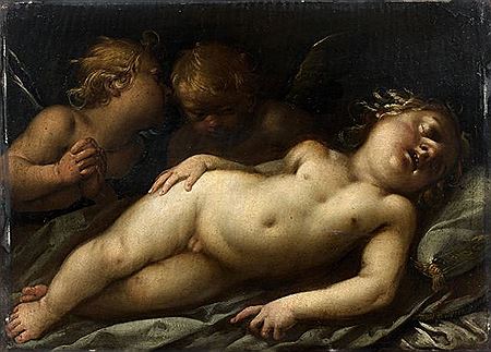 THE SLEEPING CHRIST CHILD WATCHED OVER BY TWO ANGELS