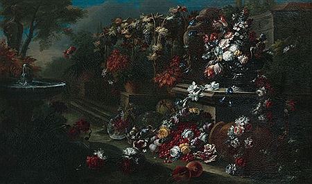 FLOWERS AND FRUITS NEXT TO A FOUNTAIN IN A PARK