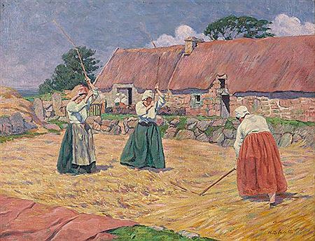 LES BATTEUSES DE BLE OU COUR DE DE FERME A BENARVEN - BRETONNES AUX FLEAUX - 1892