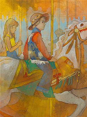 Riding a carousel.