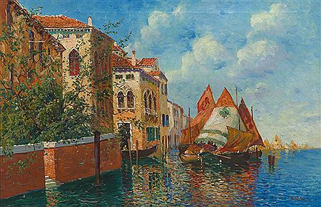 Venetian port scene with sailboats.
