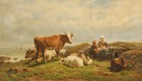 Bergers et troupeau en bord de mer