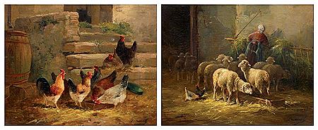 Moutons à la bergerie. Poules et coqs. (2)