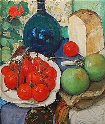 Still life with tomatoes, loaf and bottle