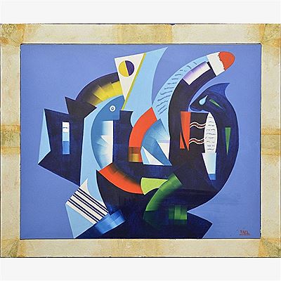 Composition polychrome fond bleu