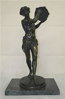 A Bronze figure of Il Santorello, depicting a dancing man playing a tambourine with lion headed loin cloth by Justin Chrysotome Sanson - Auction record, sale price, and art valuation. Compare with similar artists and explore comparable artworks.