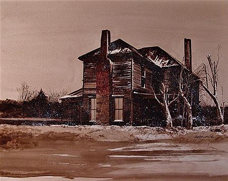 House and trees in a light snowfall