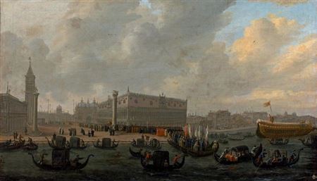 Vue du palais des Doges et de la Piazzetta avec un cortège se rendant sur le Bucentaure