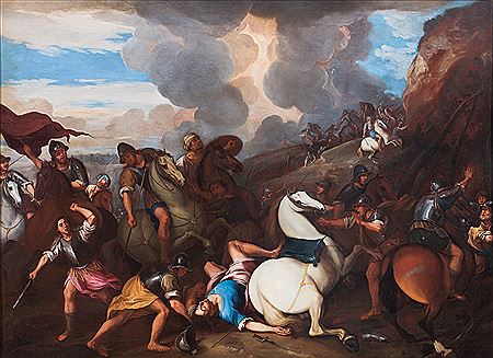 Battaglia tra cavalieri turchi e cristiani, con un condottiero cristiano ferito e disarcionato (Goffredo di Buglione?)