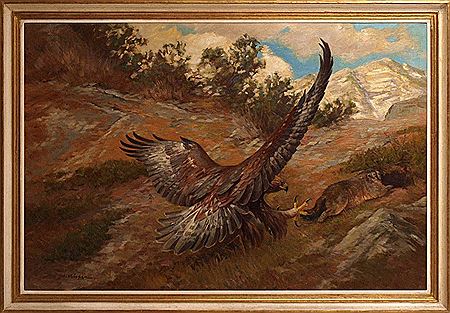 Frühling im Gebirge, im Vordergrund jagd ein mächtiger Adler ein Murmeltier.