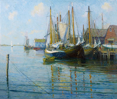 Fishing boats, Mystic, Connecticut by George Albert Thompson - Auction record, sale price, and art valuation. Compare with similar artists and explore comparable artworks.