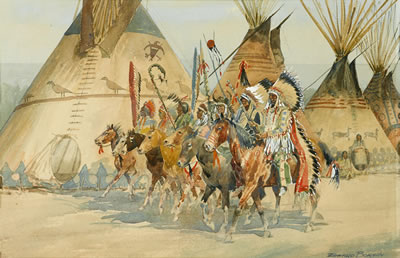Indian Chiefs Carrying Ceremonial Standard, Riding Past Wigwams by Edward (John Edward) Borein - Auction record, sale price, and art valuation. Compare with similar artists and explore comparable artworks.