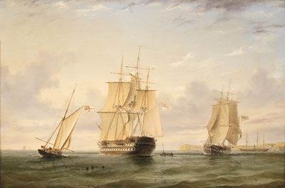 Naval warships off a coast