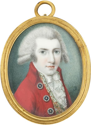 A Gentleman, called Lord Clifden, wearing scarlet coat with blue and white enamelled silver buttons, white waistcoat embroidered with green and pink flowers and gold detail, white stock and tied lace cravat, his powdered wig worn en queue