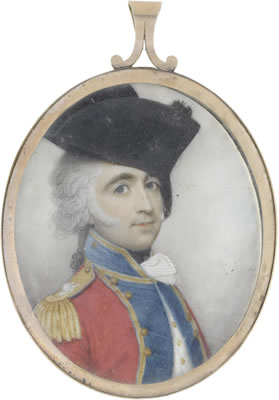 General John Gordon-Cuming-Skene (1761-1828), wearing scarlet coat, blue standing collar and facings edged with gold, gold epaulettes, black stock, white waistcoat and frilled chemise, his powdered hair worn en queue beneath a bicorne black hat cocked to