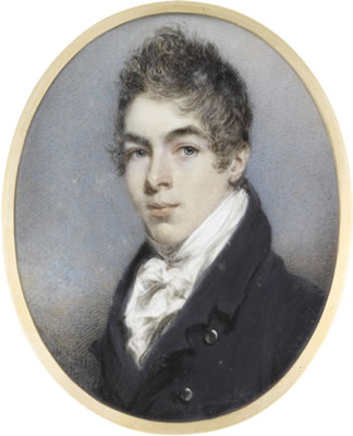 A Gentleman, wearing blue coat, white waistcoat, chemise, stock and tied cravat