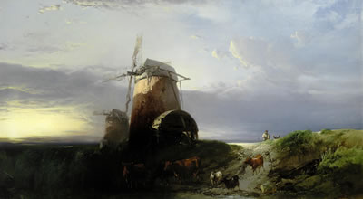 A drover and cattle in front of a windmill