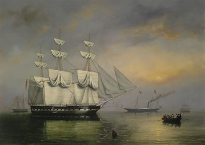 The Royal Yacht Fairy with Queen Victoria on board, making her way through ships of the fleet