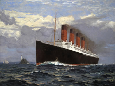 The Cunard liner Lusitania speeding past the Fastnet lighthouse, probably outward bound for New York on her maiden voyage by Norman Wilkinson - Auction record, sale price, and art valuation. Compare with similar artists and explore comparable artworks.