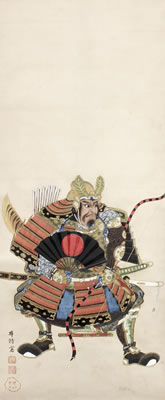 A seated fearsome 16th-century warrior clad in a do-maru armour and wearing an eboshi-nari helmet, clutching a gunsen (folding war fan) decorated with the rising sun in one hand and a bow in the other (2) by Gion Seitoku - Auction record, sale price, and art valuation. Compare with similar artists and explore comparable artworks.