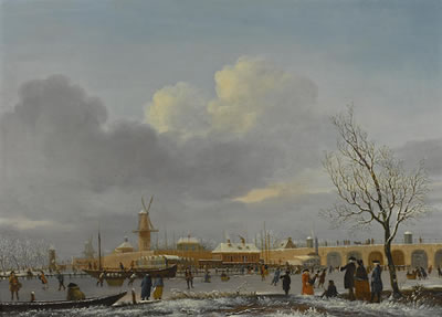 A winter landscape with skaters on the Amstel