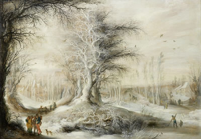 A winter landscape travellers, a village beyond