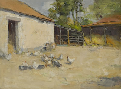 Hens outside a barn, Ceres, Scotland by Robert D Cairns - Auction record, sale price, and art valuation. Compare with similar artists and explore comparable artworks.