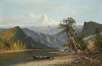 Indians in a canoe at the base of a snow covered mountain