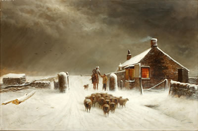 'Stoney Rodge Pass' - a herdsman and flock passing a tollgate in the snows