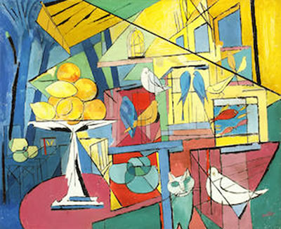 Abstract interior with birds and cat