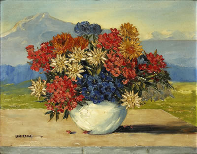 Flowers on a ledge, mountain view beyond by Elizabeth Bridge - Auction record, sale price, and art valuation. Compare with similar artists and explore comparable artworks.