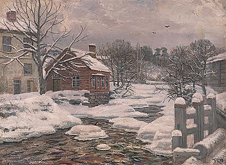 Vinterlandskap med hus ved Mesna, 1910