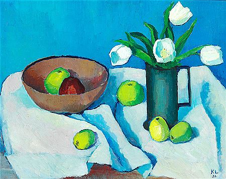 Still life with fruit and tulips on a white tablecloth.