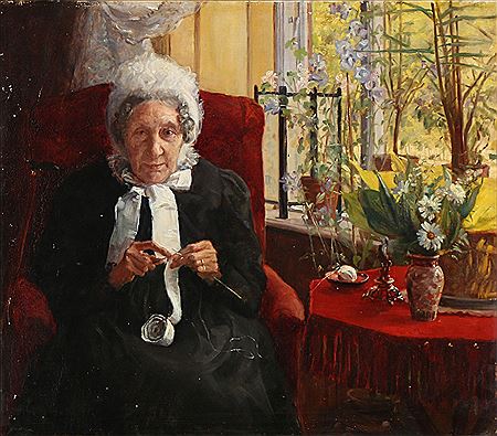 Interior with an elderly lady knitting.