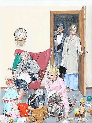 Bedstemor babysitter. Illustration from Familie Journalen, nr. 26