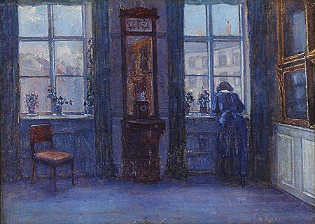 Interior bathed in blue light.