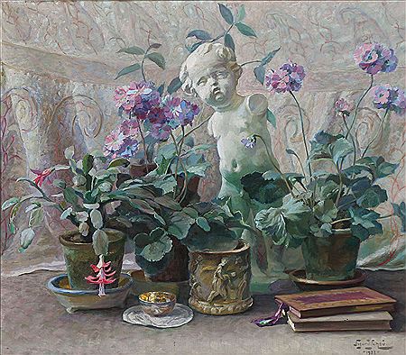 Still life with plants and figure.
