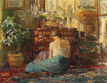 Interior with a seated woman on the floor