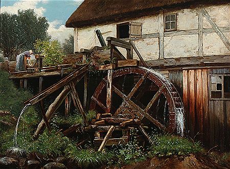 En gammel Vandmølle". An old watermill.