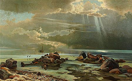 Coastal scape with large stone and birds on the beach by Carl Milton Jensen - Auction record, sale price, and art valuation. Compare with similar artists and explore comparable artworks.