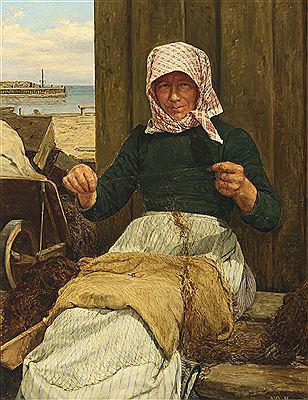 Fisherman's wife at tending nets.