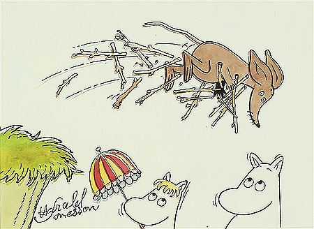 Moomin's friends in trouble, two original illustrations. (2)